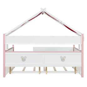 Full Size House-Shaped Daybed with Built-In Bookshelf and Trundle