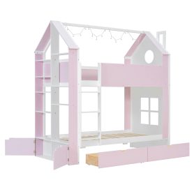 Twin Over Twin House Bed with Storage Drawers & Shelves
