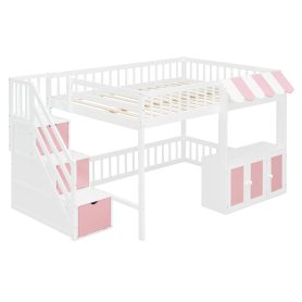 Full Size Loft Bed with Storage Steps, LED Light, Under Bed Cabinets