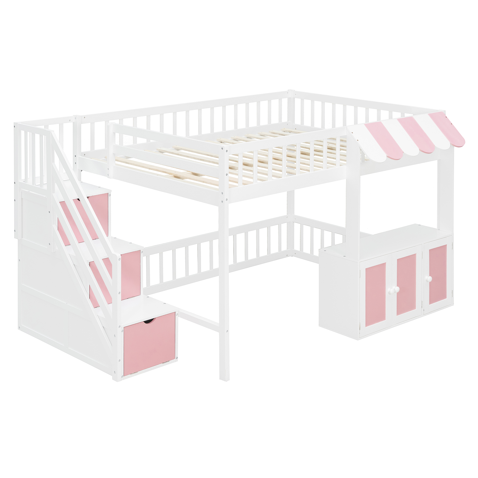 Full Size Loft Bed with Storage Steps, LED Light, Under Bed Cabinets