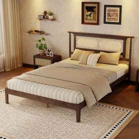 Queen Size Solid Wooden Bed with Rattan Headboard