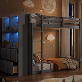 Twin Size Bunk Bed with Drawers, Shelves and Light