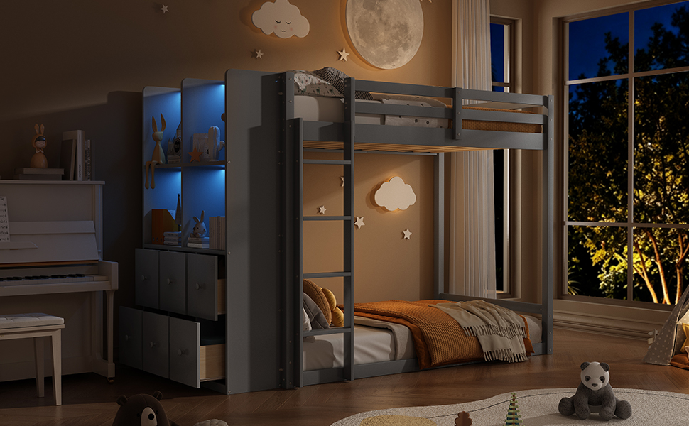 Twin Size Bunk Bed with Drawers, Shelves and Light