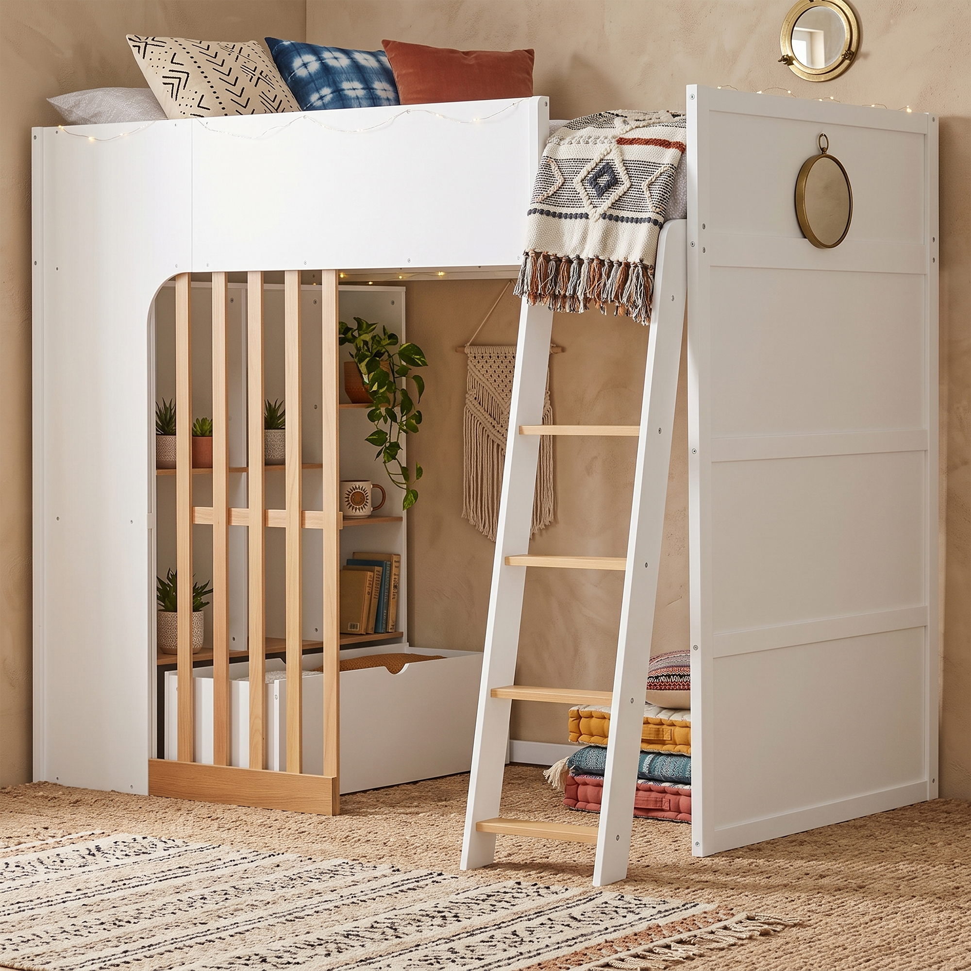 Twin Size Wooden High Sleeper Loft Bed with Ladder and Storage Shelves