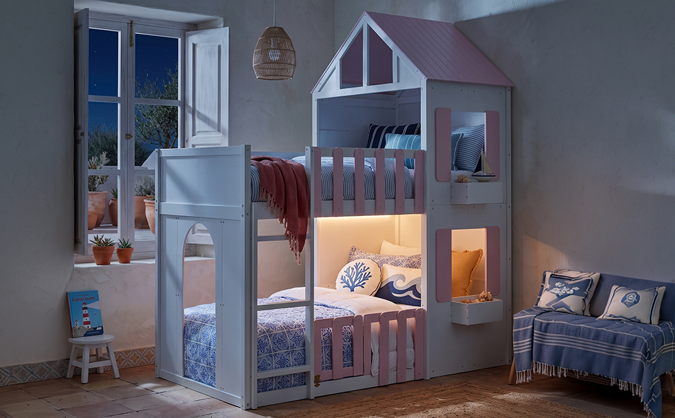 Modern Playful Design Twin Over Twin House Bunk Bed