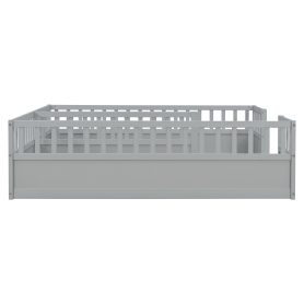 Double Pine Wood Twin Floor Bed with Semi-Enclosed Safety Guardrails, Open Entrance