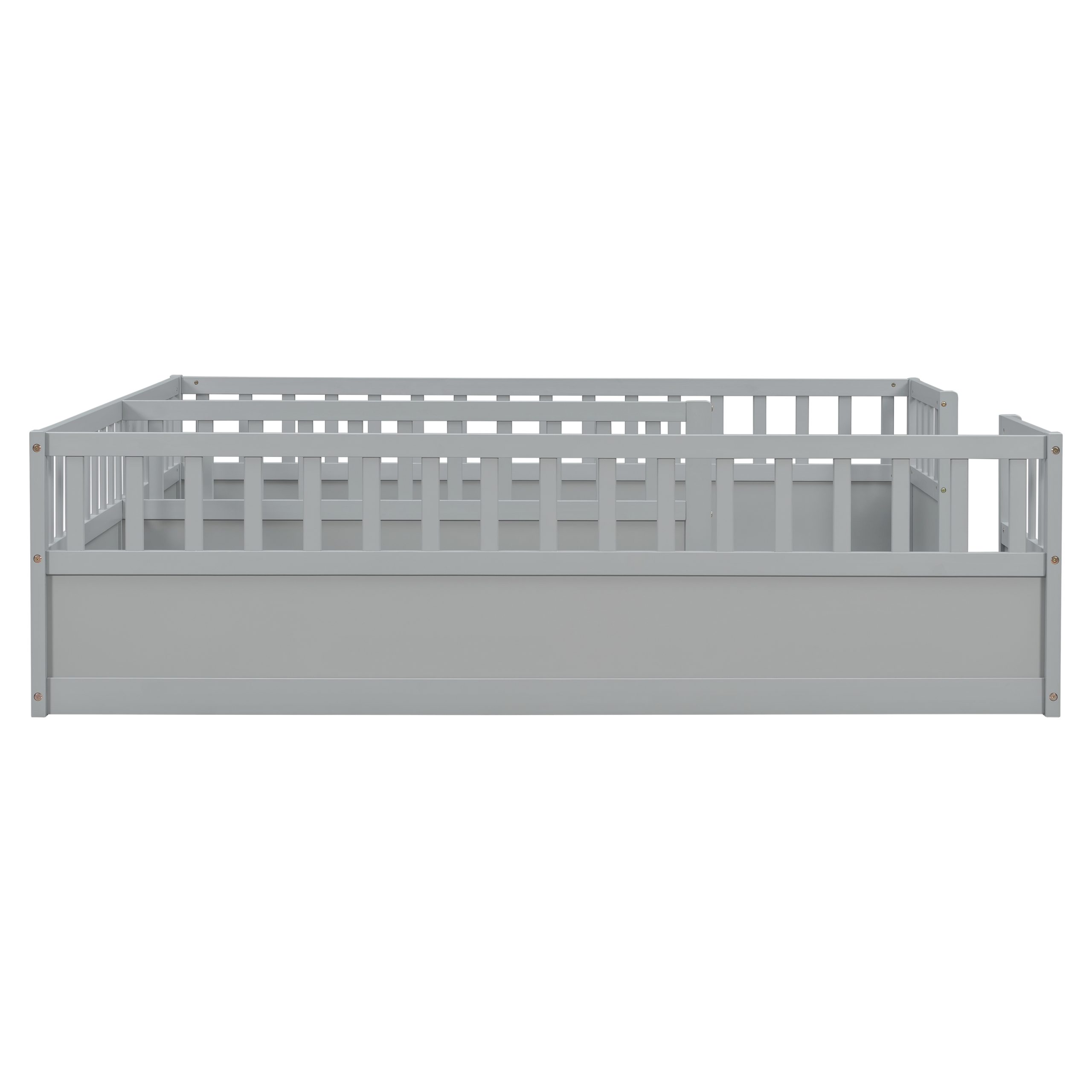 Double Pine Wood Twin Floor Bed with Semi-Enclosed Safety Guardrails, Open Entrance