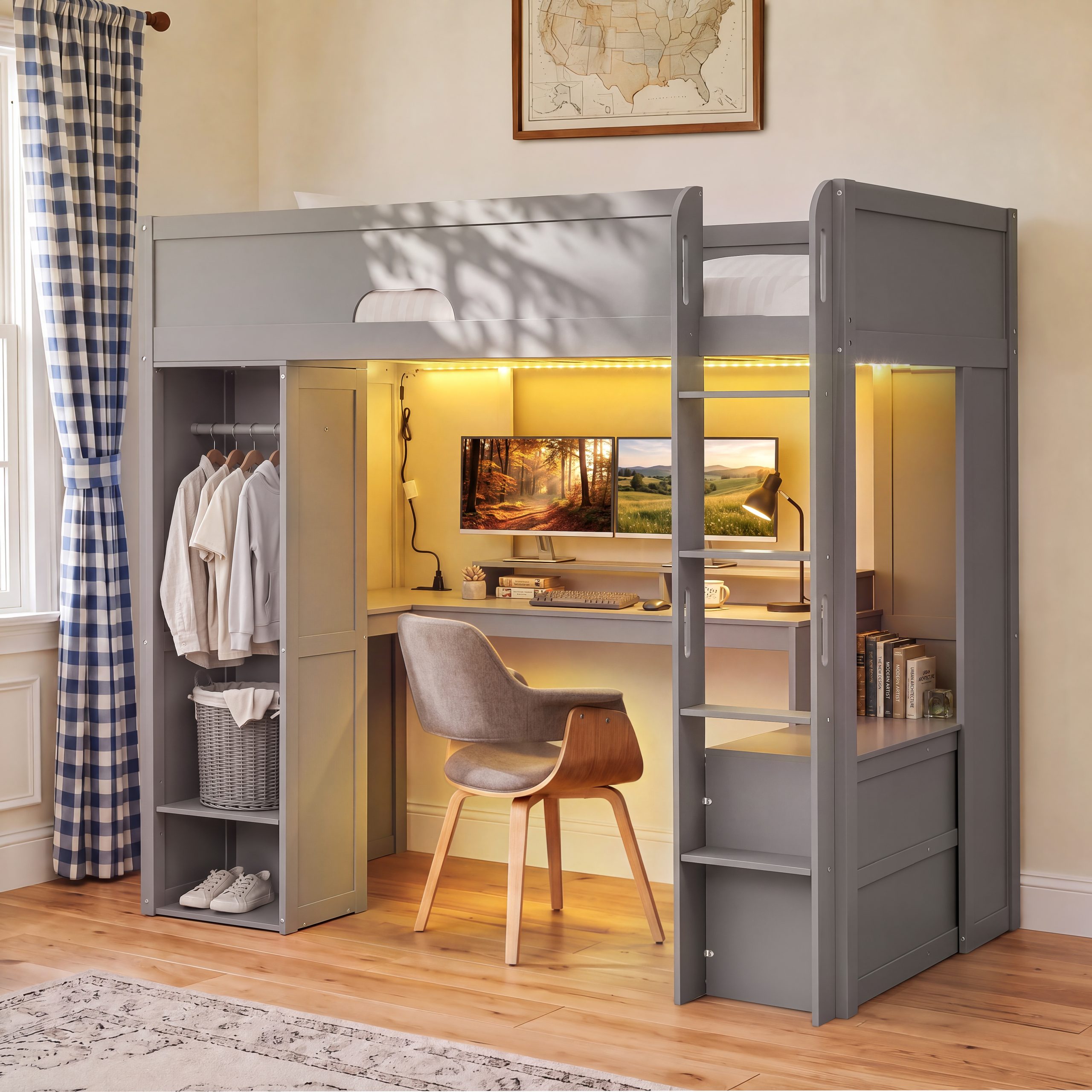 Twin Size Solid Wood Loft Bed With L-Shaped Desk, Storage Cabinet and Wardrobe