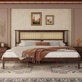 King Size Solid Wooden Bed with Rattan Headboard