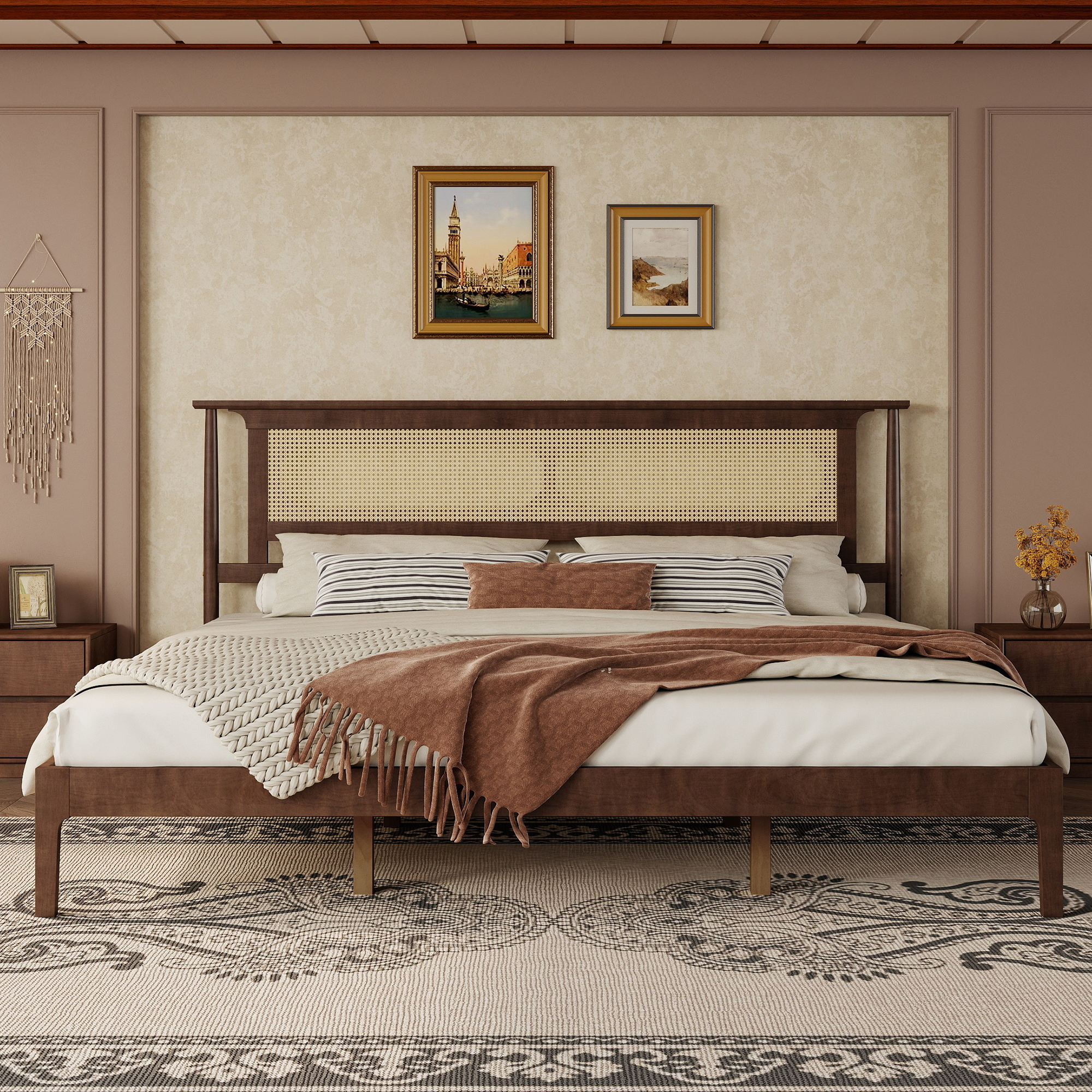 King Size Solid Wooden Bed with Rattan Headboard