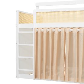 Full Size Bunk Bed with 3-Tier Storage Shelf, Rattan Decor, Privacy Curtains & Lights