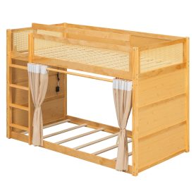 Twin Size Bunk Bed with 3-Tier Storage Shelf, Rattan Decor, Privacy Curtains & Lights