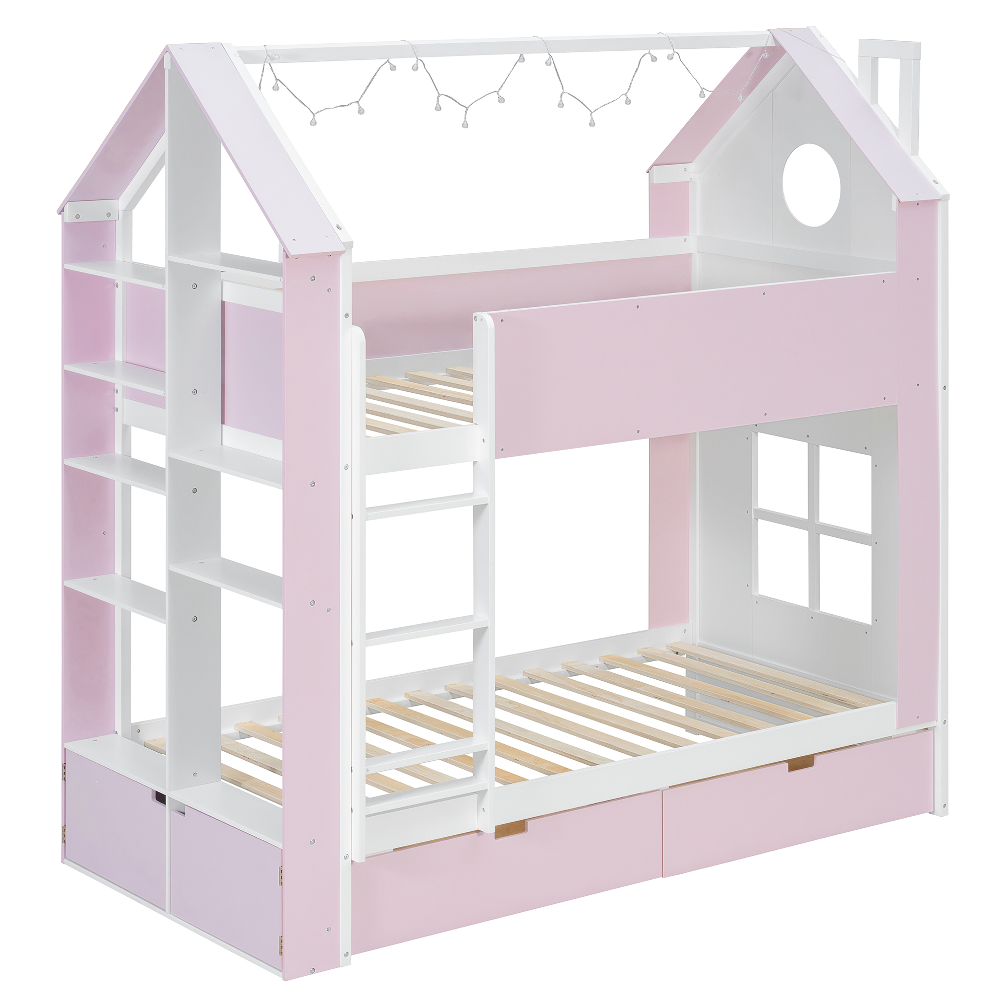 Twin Over Twin House Bed with Storage Drawers & Shelves