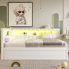 Upholstered Full Size Platform Bed with Trundle, USB Ports and LED Belt