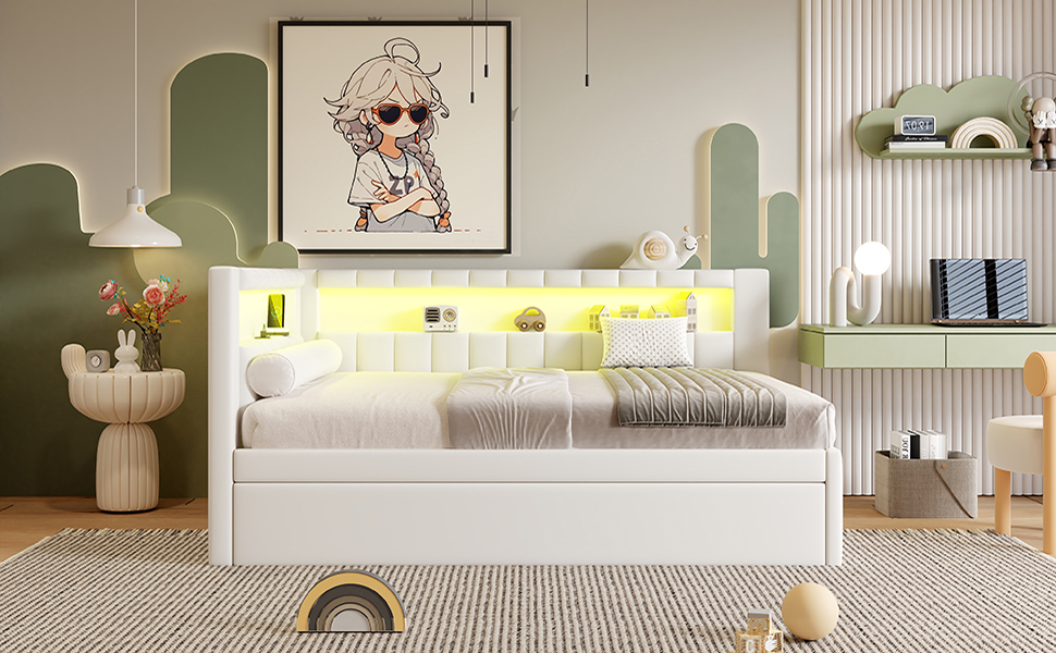 Upholstered Full Size Platform Bed with Trundle, USB Ports and LED Belt