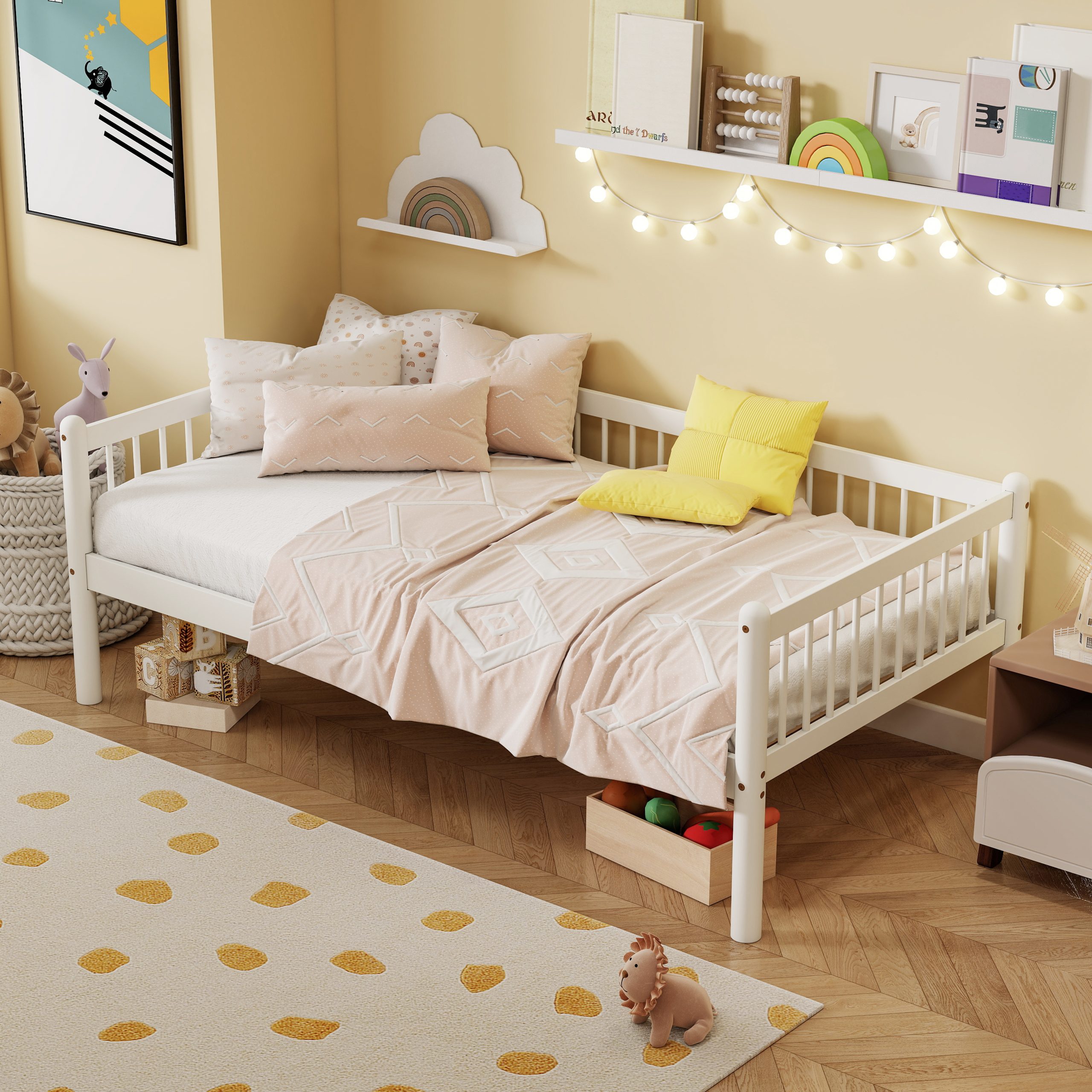 Twin Pine Wood Daybed With 3-Side Guardrails & 10 Support Slats