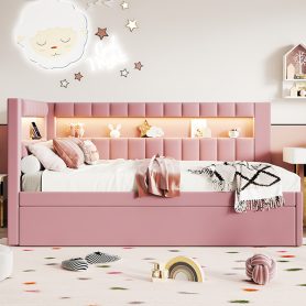 Upholstered Twin Size Platform Bed with Trundle, USB Ports and LED Belt