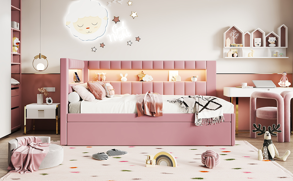 Upholstered Twin Size Platform Bed with Trundle, USB Ports and LED Belt