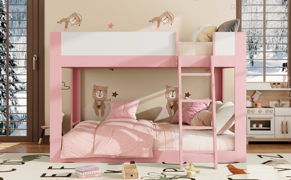Queen Size Low Convertible Bunk Bed With Reversible Ladder And Safety Guardrails