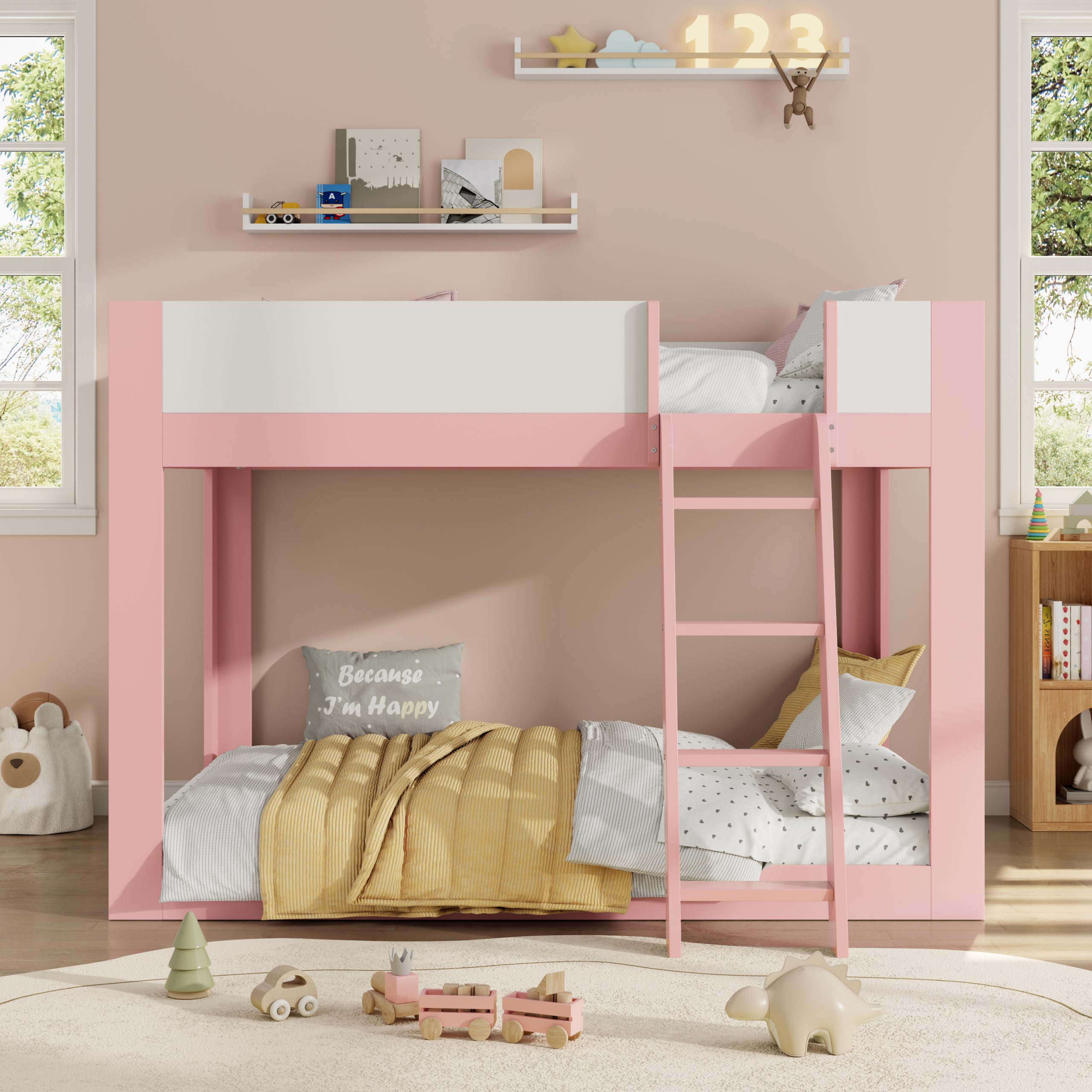 Full Size Low Convertible Bunk Bed With Reversible Ladder And Safety Guardrails