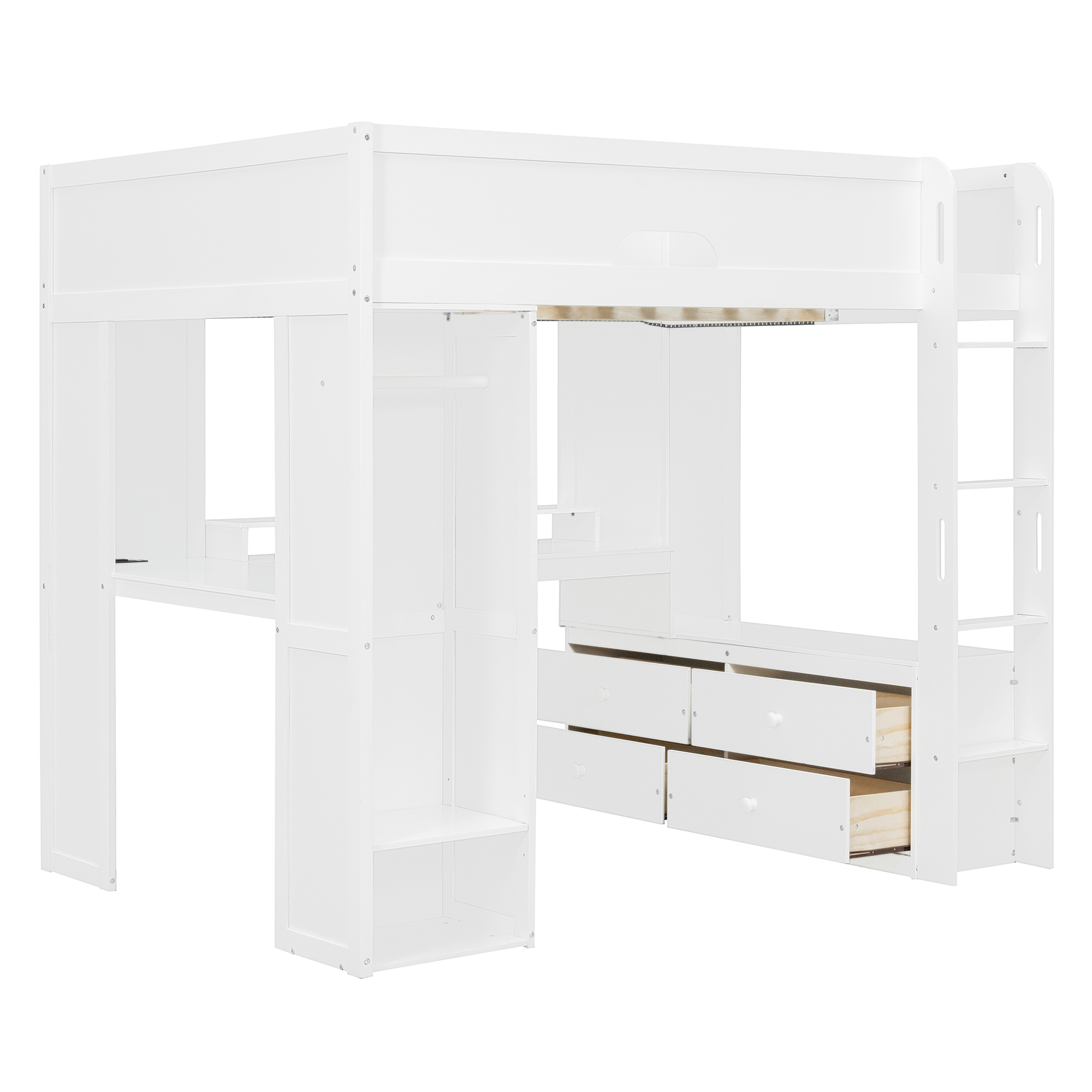Full Size Solid Wood Loft Bed With L-Shaped Desk, Storage Cabinet and Wardrobe
