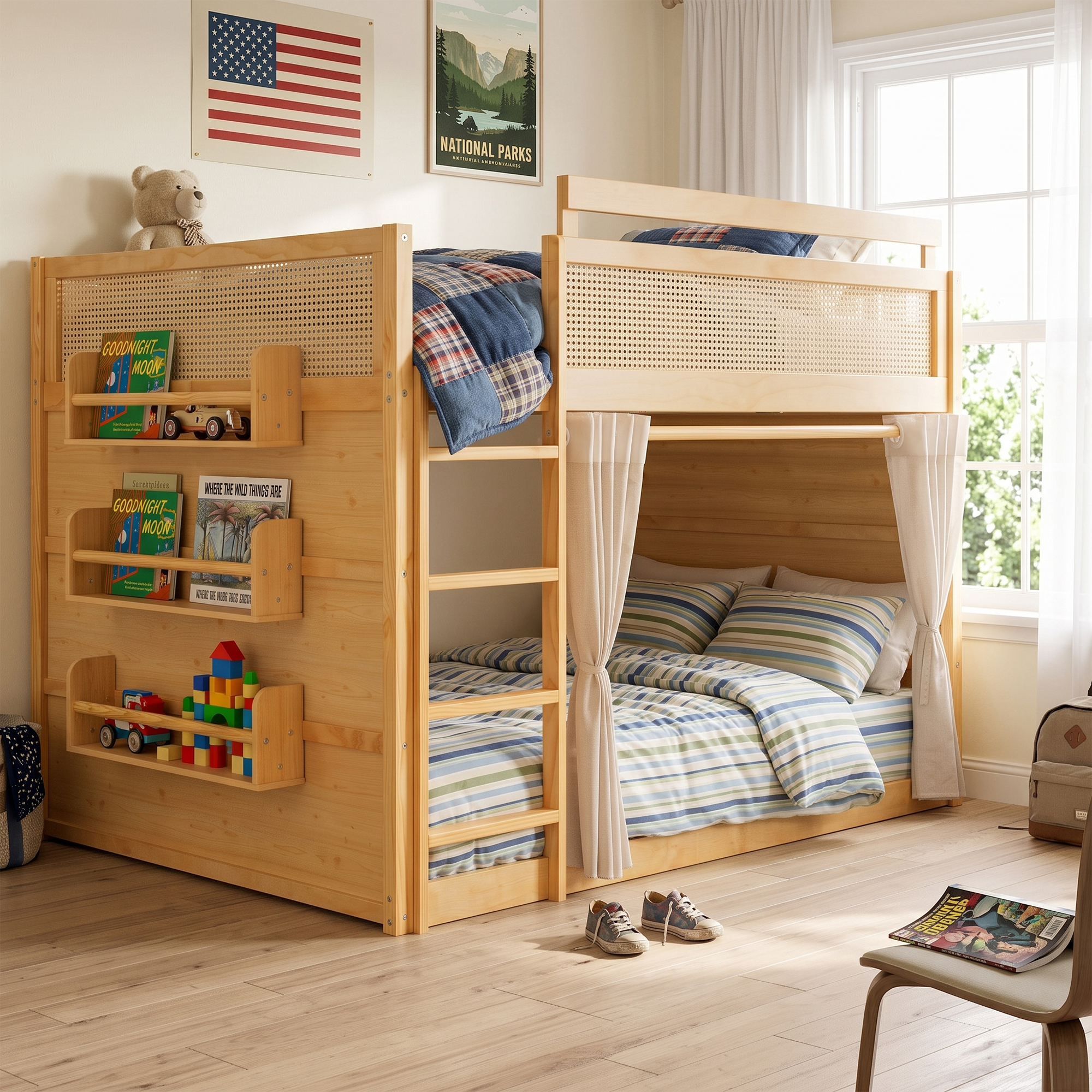 Full Size Bunk Bed with 3-Tier Storage Shelf, Rattan Decor, Privacy Curtains & Lights