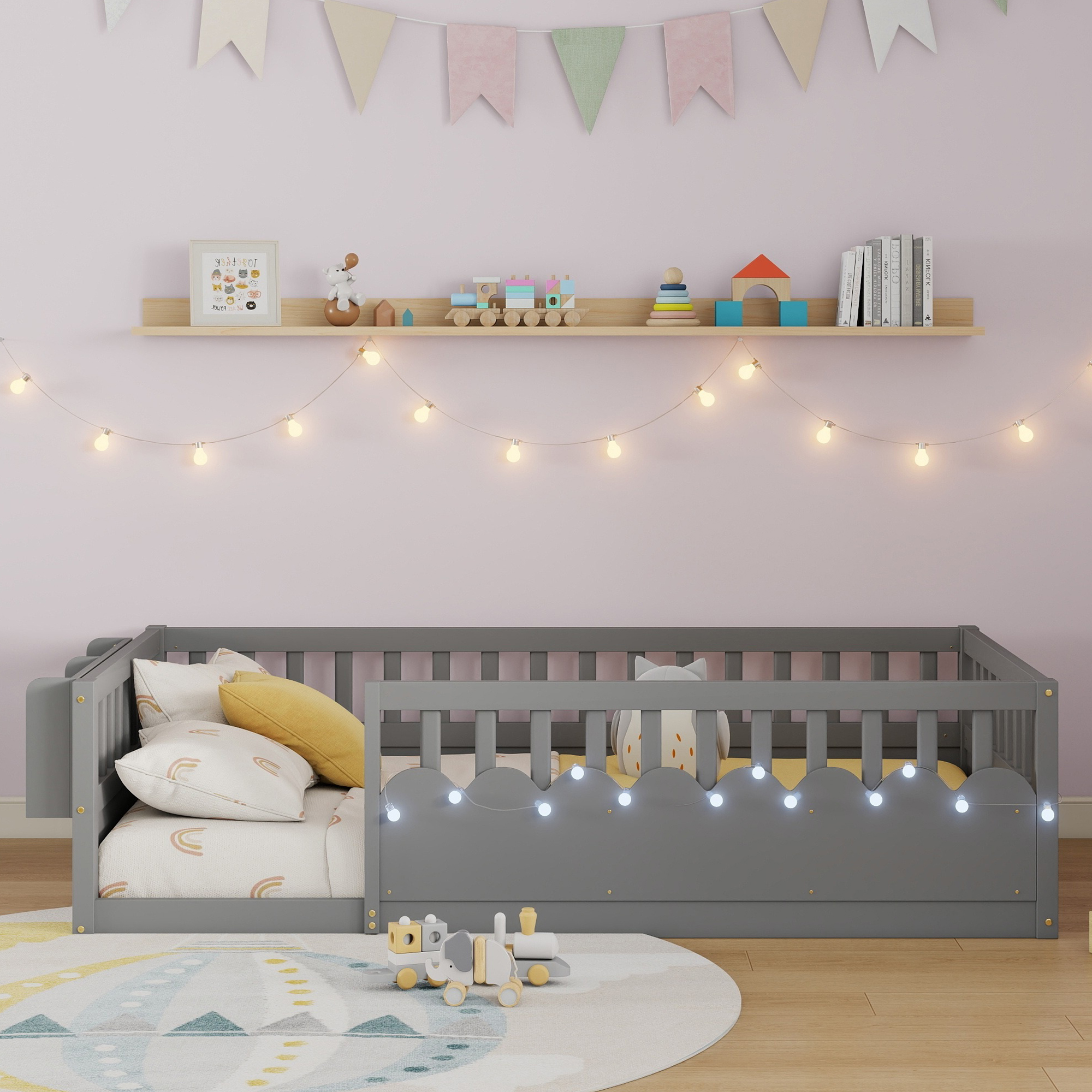 Twin Montessori Floor Bed with High Rails, Light And Storage Shelf