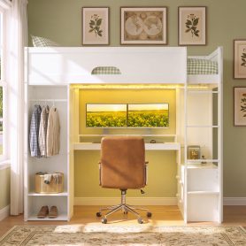 Twin Size Solid Wood Loft Bed With L-Shaped Desk, Storage Cabinet and Wardrobe