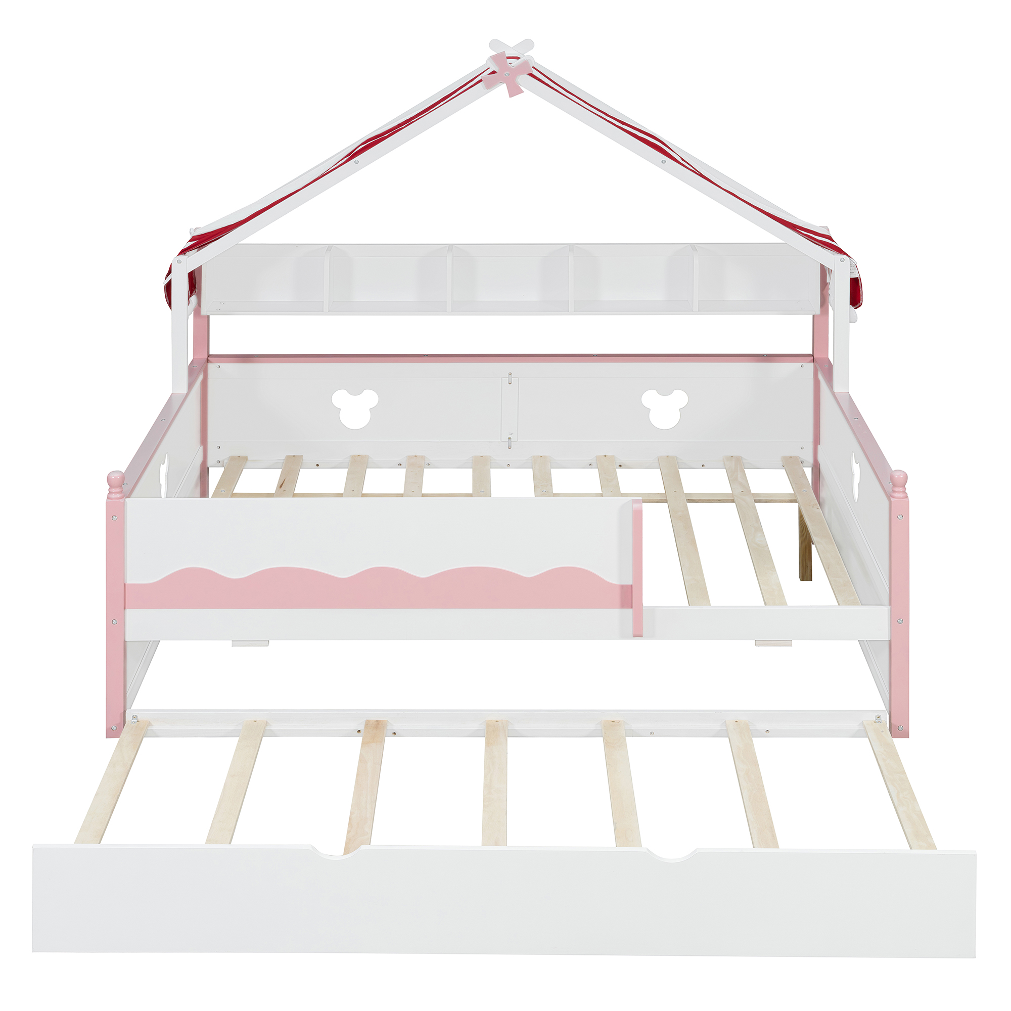 Full Size House-Shaped Daybed with Built-In Bookshelf and Trundle