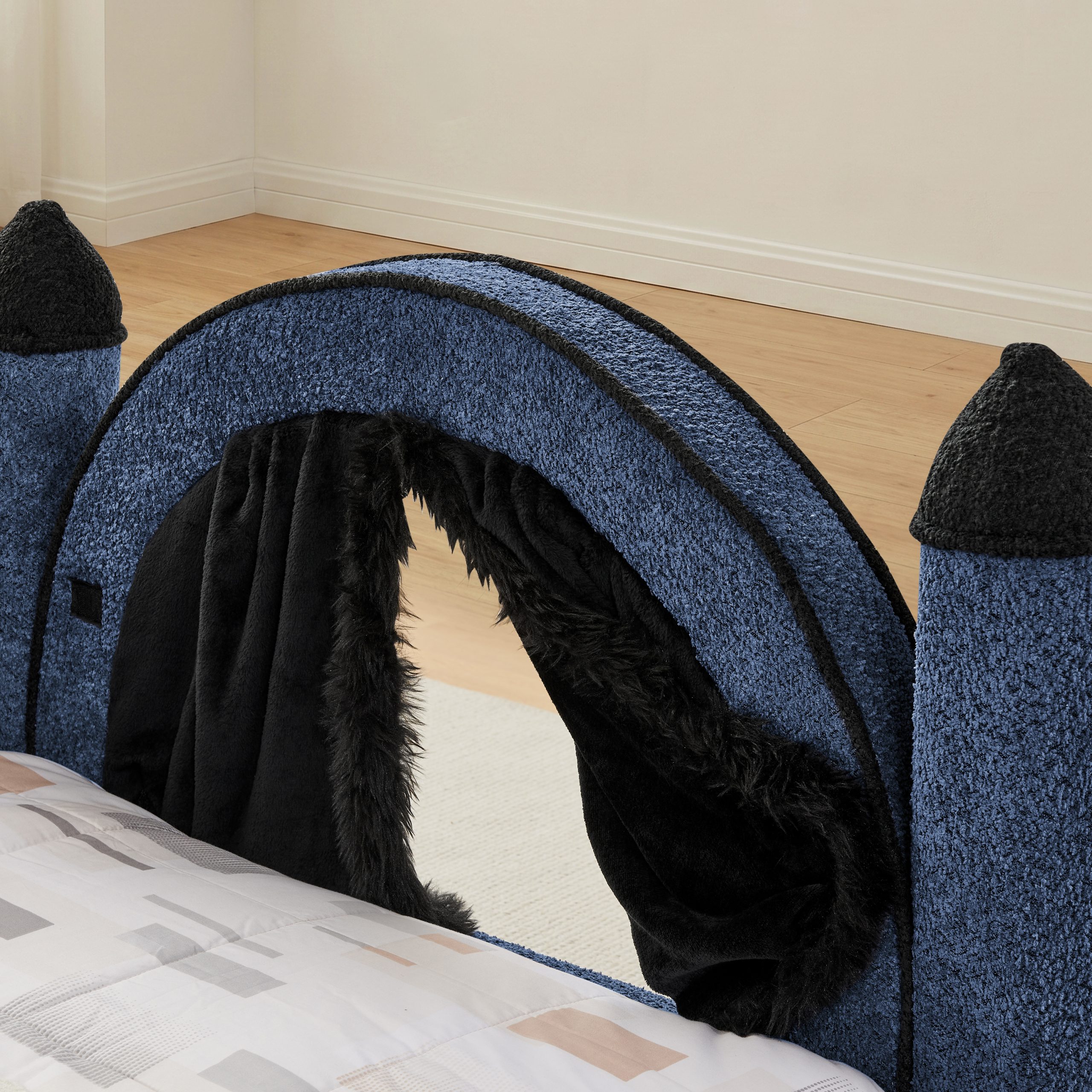 Twin Size Castle Bed with Safety Guardrail and Curtain
