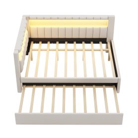 Upholstered Full Size Platform Bed with Trundle, USB Ports and LED Belt