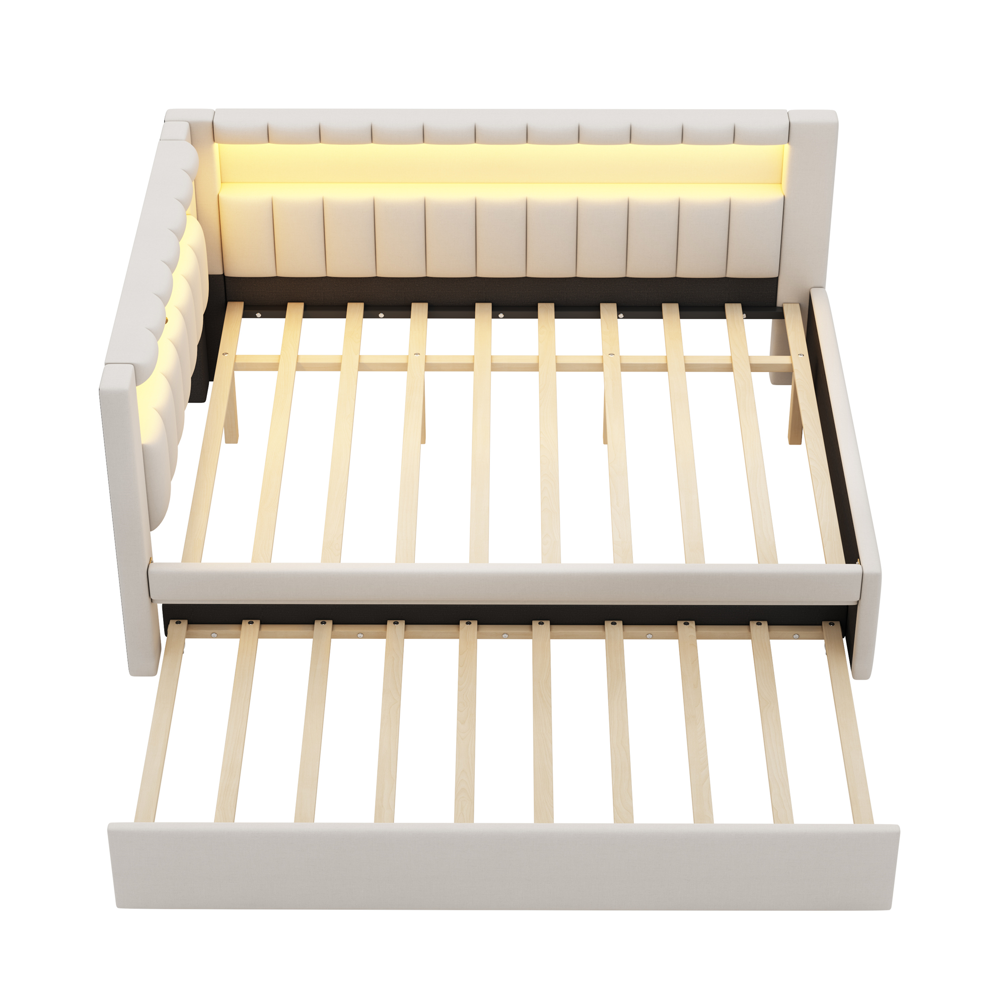 Upholstered Full Size Platform Bed with Trundle, USB Ports and LED Belt