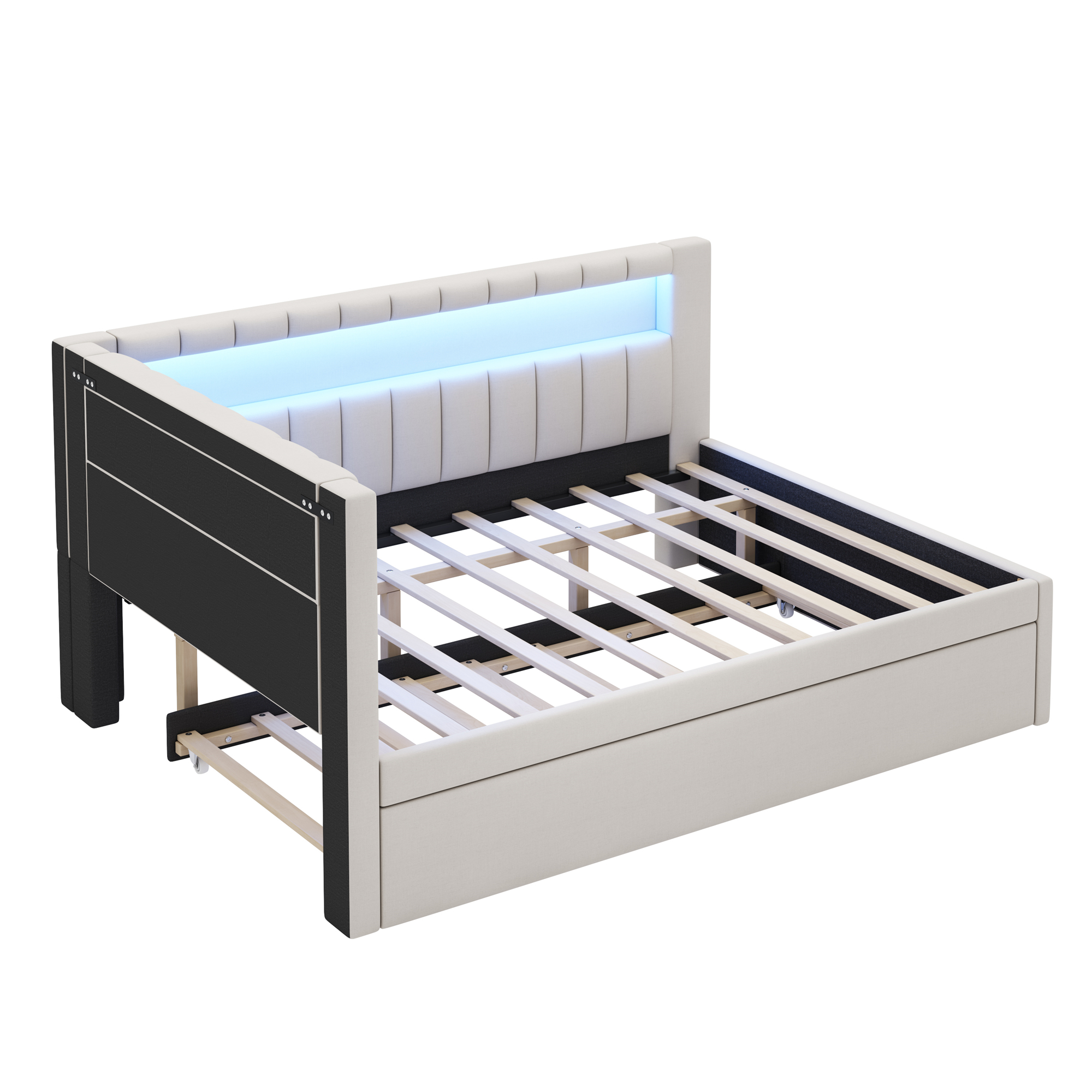 Upholstered Full Size Platform Bed with Trundle, USB Ports and LED Belt