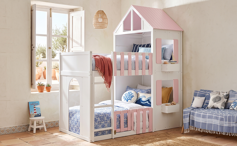 Modern Playful Design Twin Over Twin House Bunk Bed