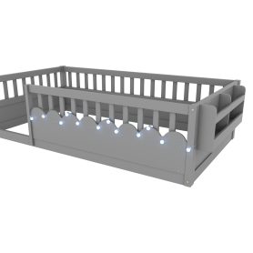 Twin Montessori Floor Bed with High Rails, Light And Storage Shelf