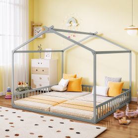 Double Twin House-Shaped Floor Bed with Safety Guardrails