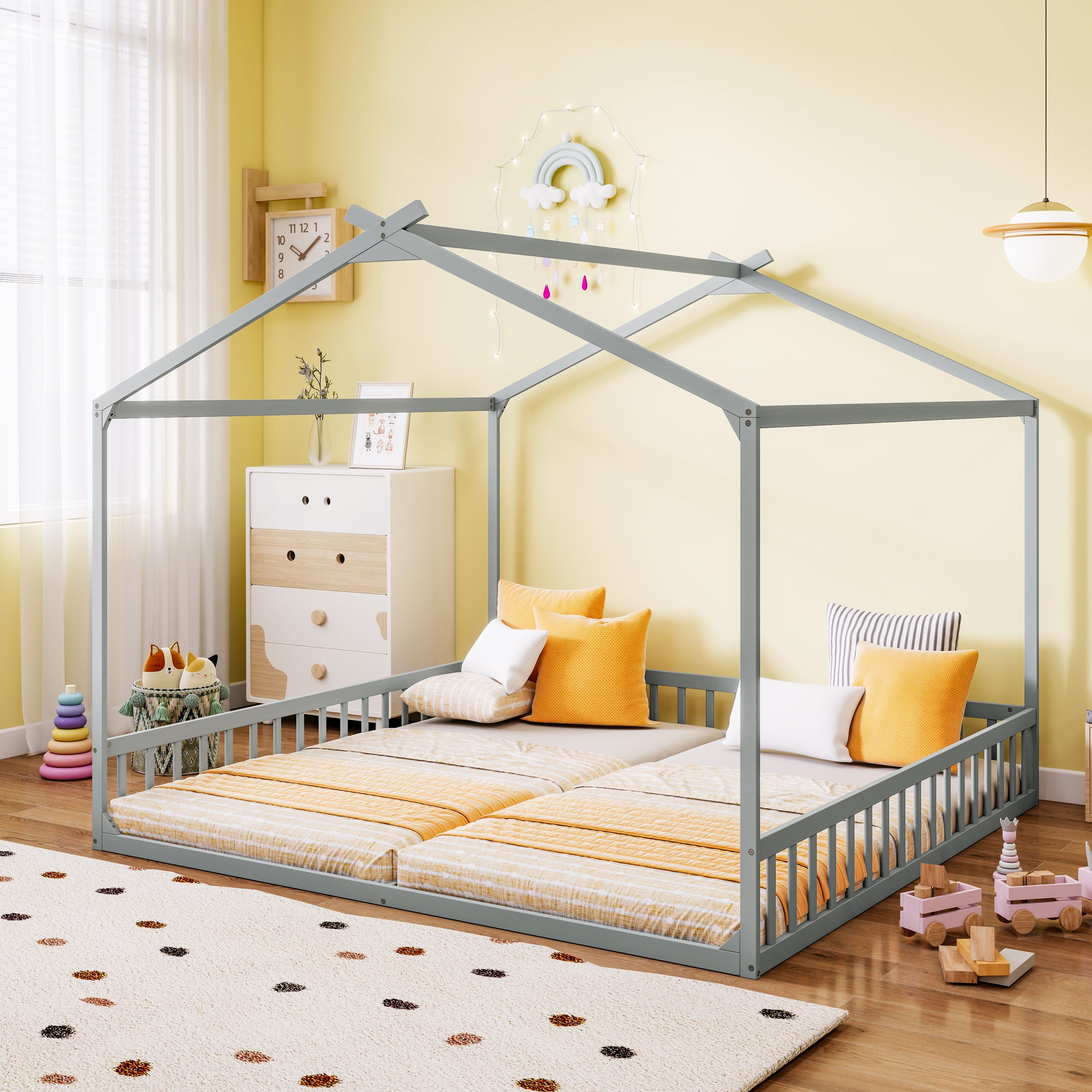 Double Twin House-Shaped Floor Bed with Safety Guardrails