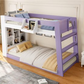 Twin Over Twin XL Bunk Bed with Storage Shelves & Guardrail Storage Basket