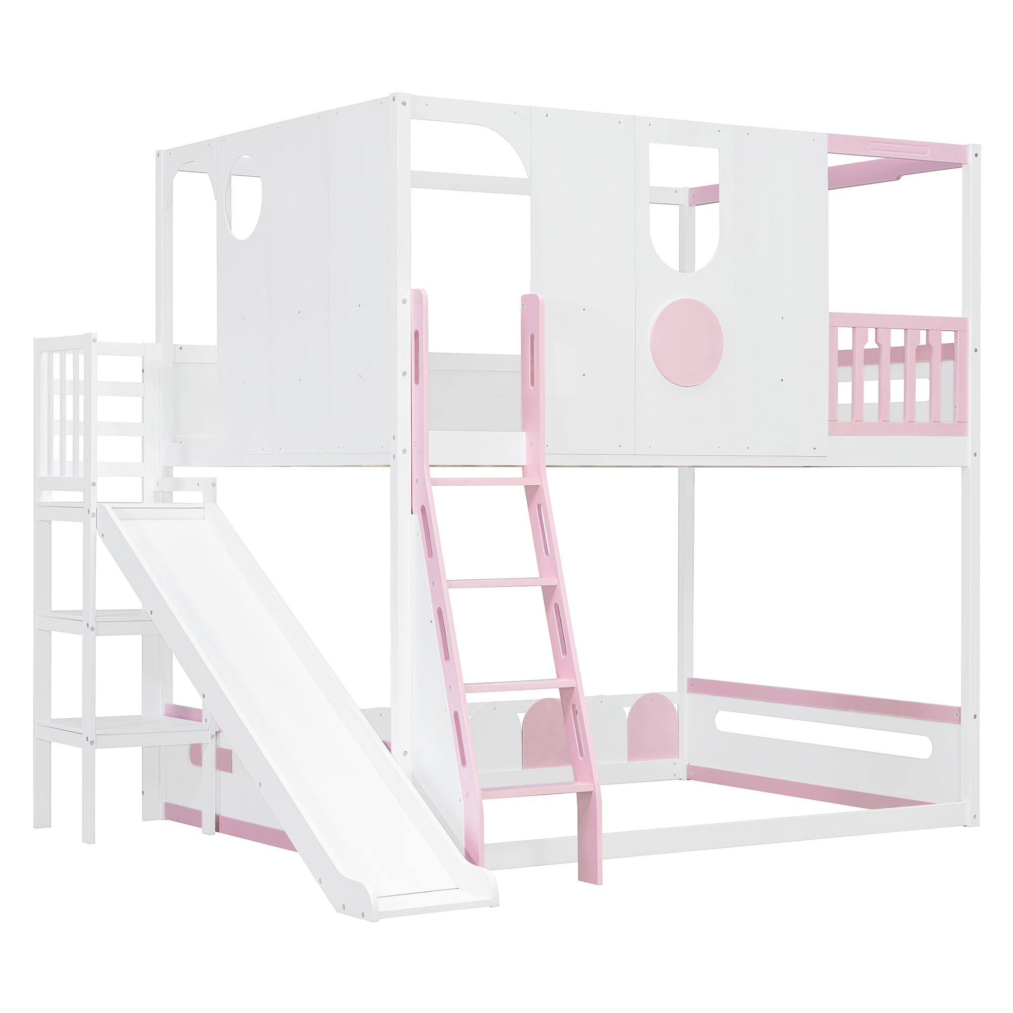 Full Size Kids Loft Bed With Slide, Storage Shelves And Guardrails