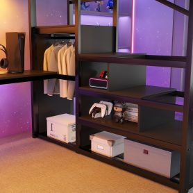 Metal Queen Size Loft Bed With Desk, Charging Station, Stairs And Light