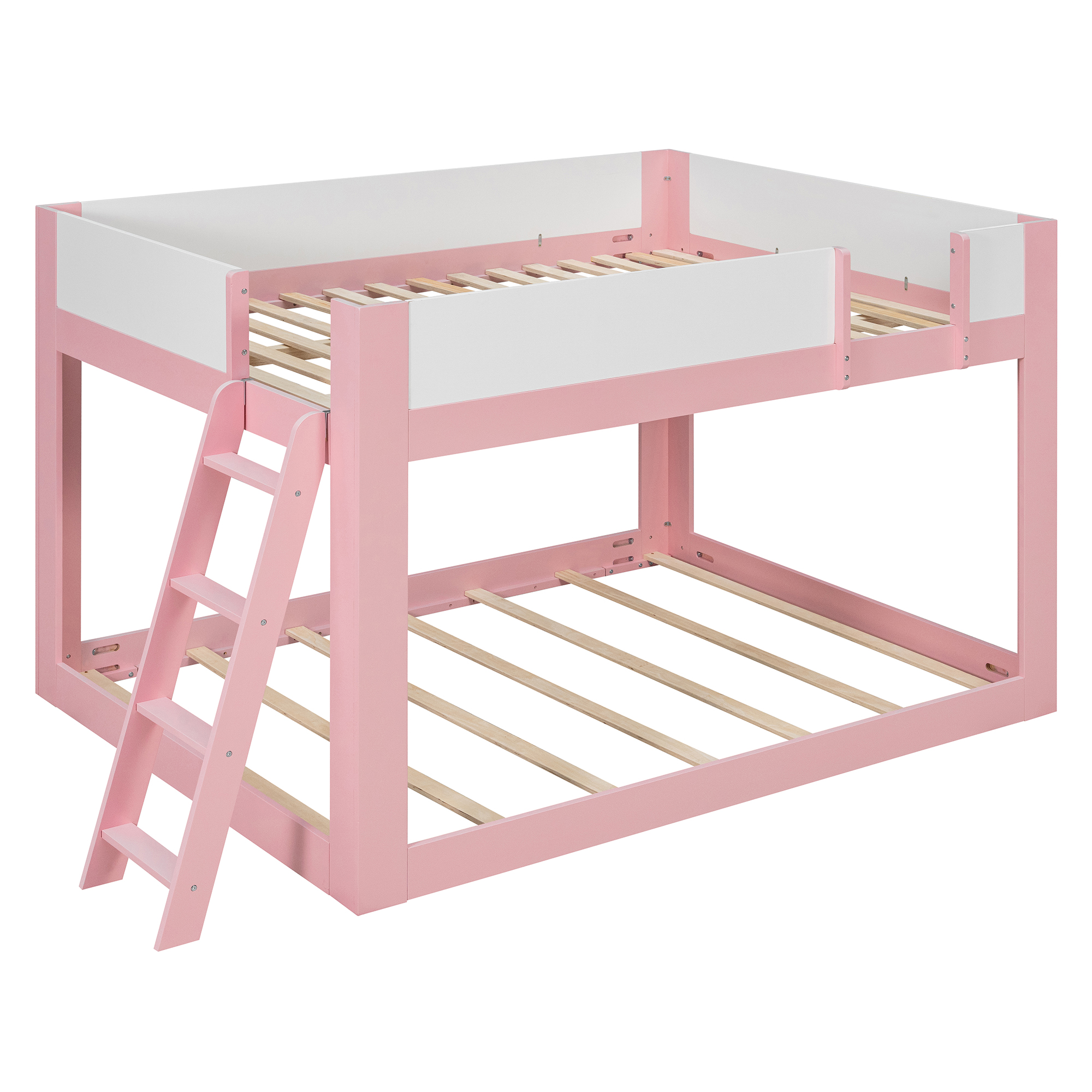 Queen Size Low Convertible Bunk Bed With Reversible Ladder And Safety Guardrails