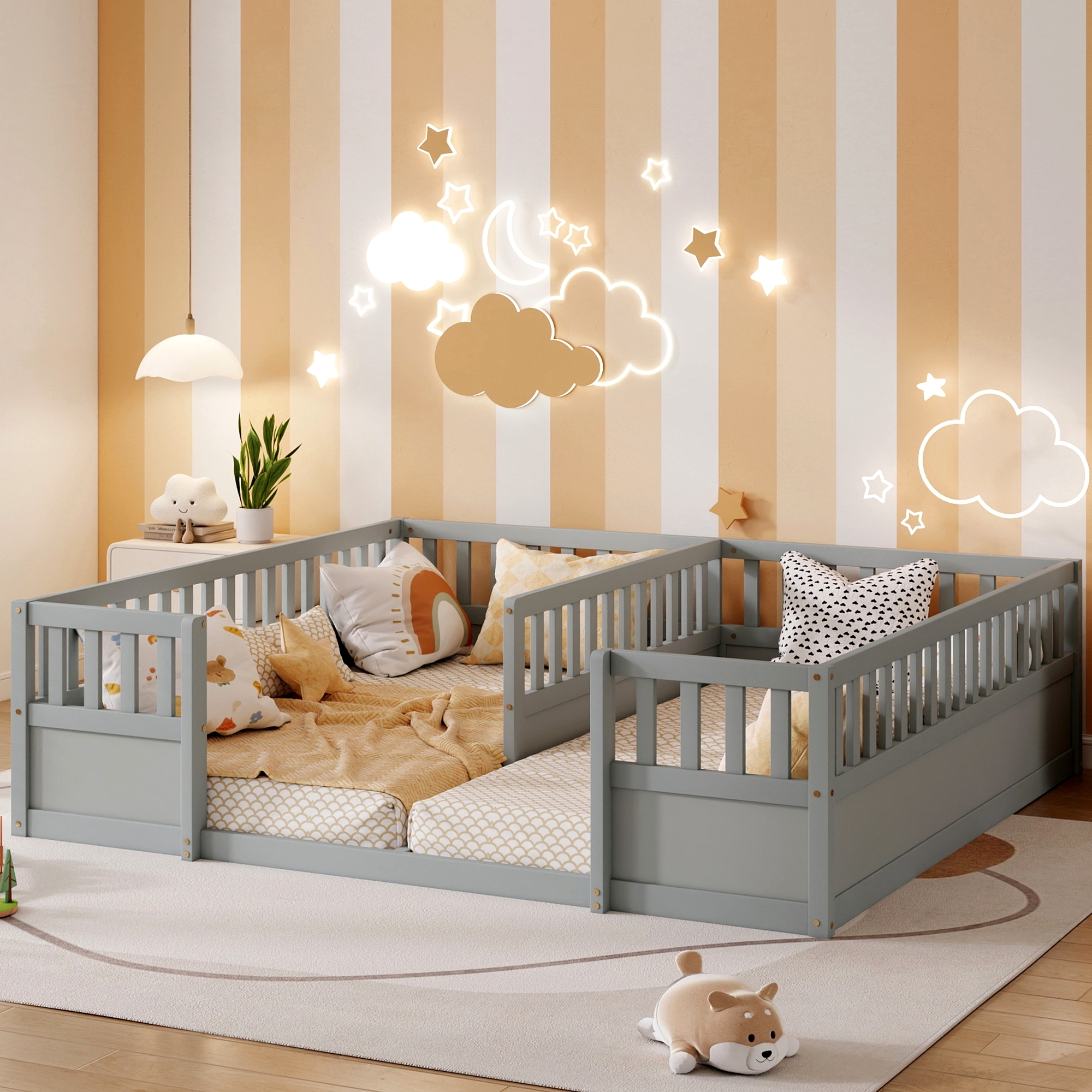 Double Pine Wood Twin Floor Bed with Semi-Enclosed Safety Guardrails, Open Entrance