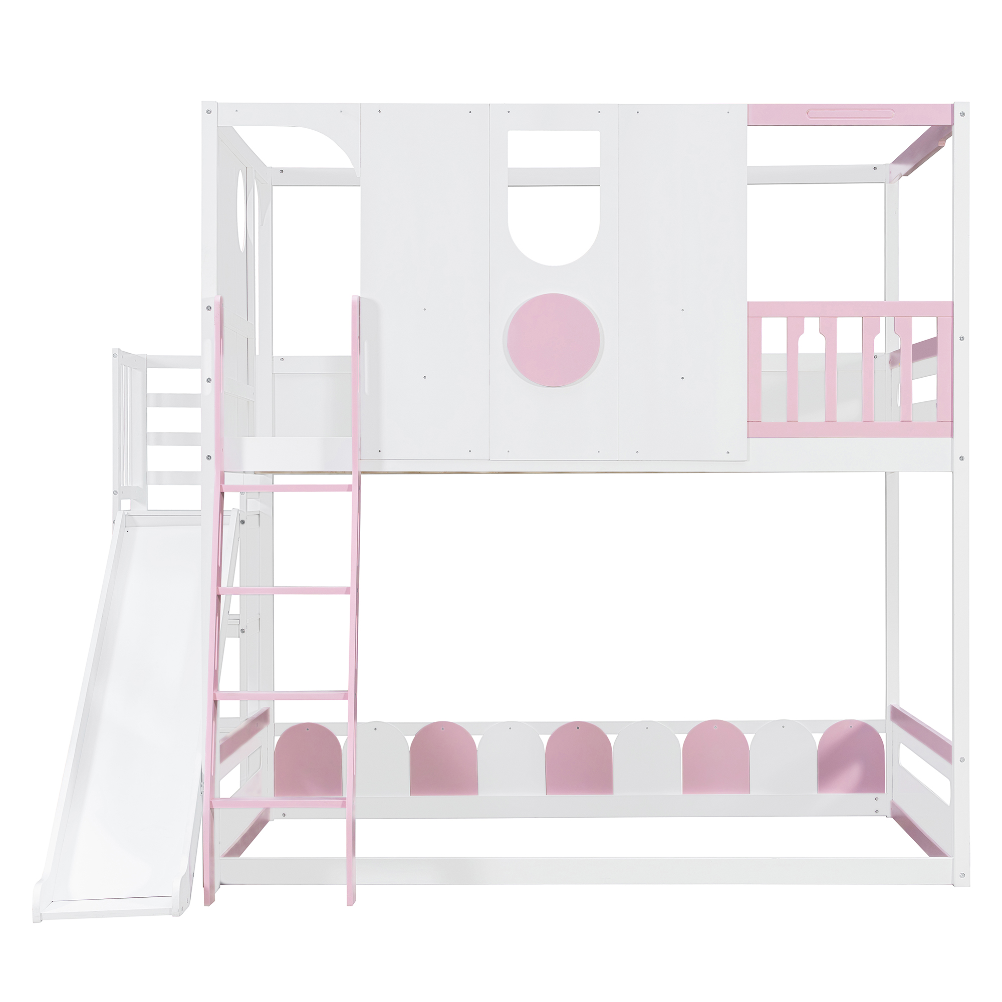 Full Size Kids Loft Bed With Slide, Storage Shelves And Guardrails