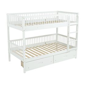 Twin Over Twin Pine Wood Bunk Bed With 2 Drawers, Convertible into 2 Twin Beds