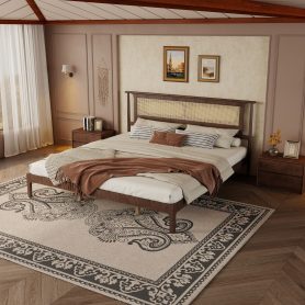 King Size Solid Wooden Bed with Rattan Headboard