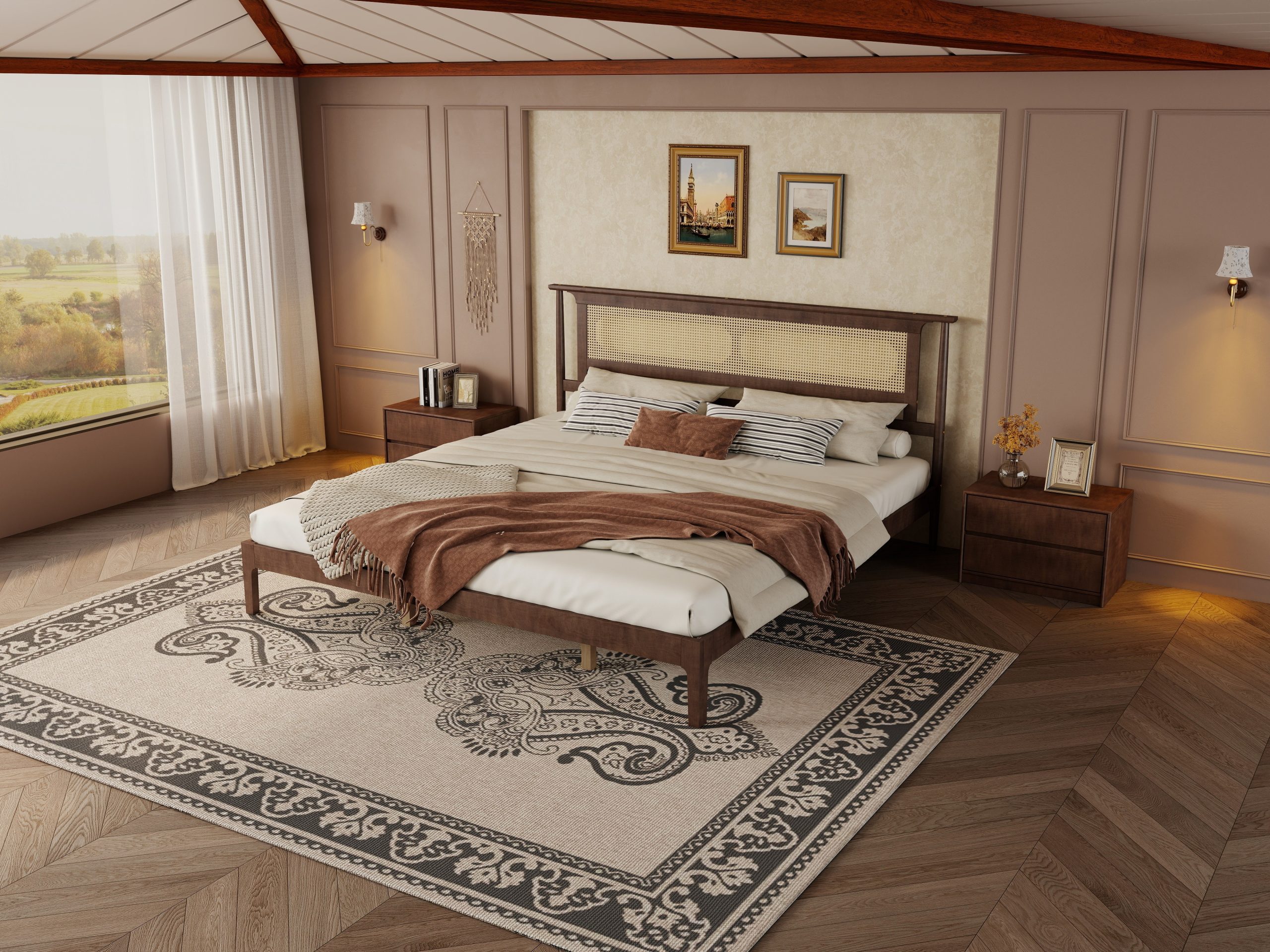 King Size Solid Wooden Bed with Rattan Headboard