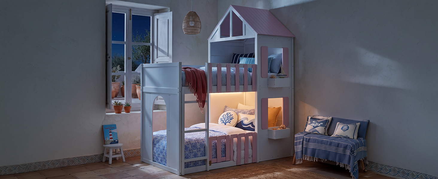 Modern Playful Design Twin Over Twin House Bunk Bed