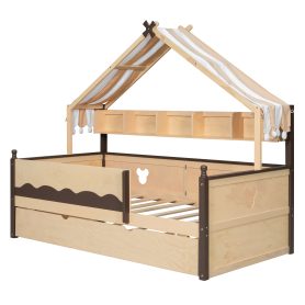 Twin Size House-Shaped Daybed with Built-In Bookshelf and Trundle