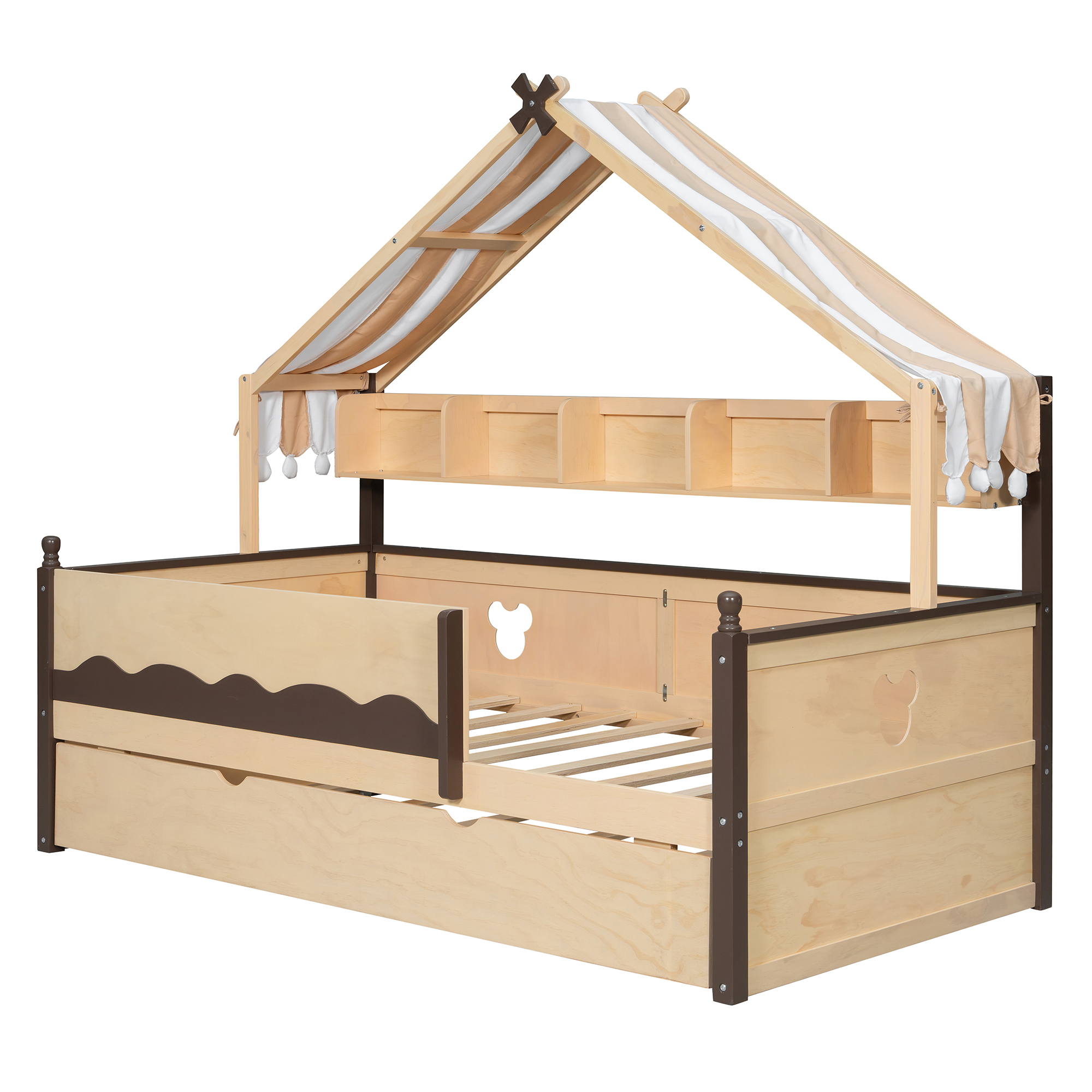 Twin Size House-Shaped Daybed with Built-In Bookshelf and Trundle