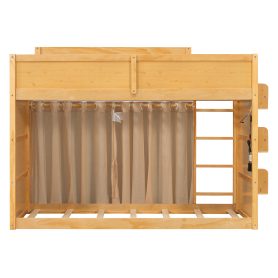 Twin Size Bunk Bed with 3-Tier Storage Shelf, Rattan Decor, Privacy Curtains & Lights
